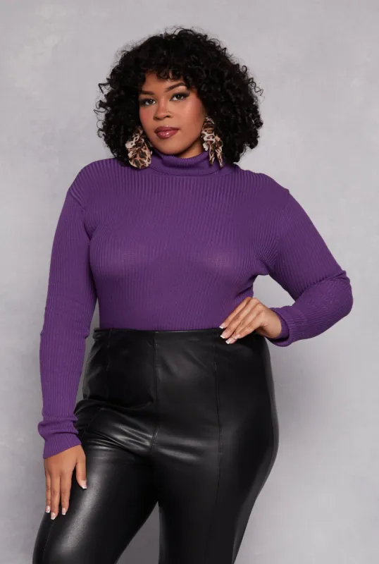 Plus Size Ribbed Knit Pullover Turtleneck Top sold by Rainbow