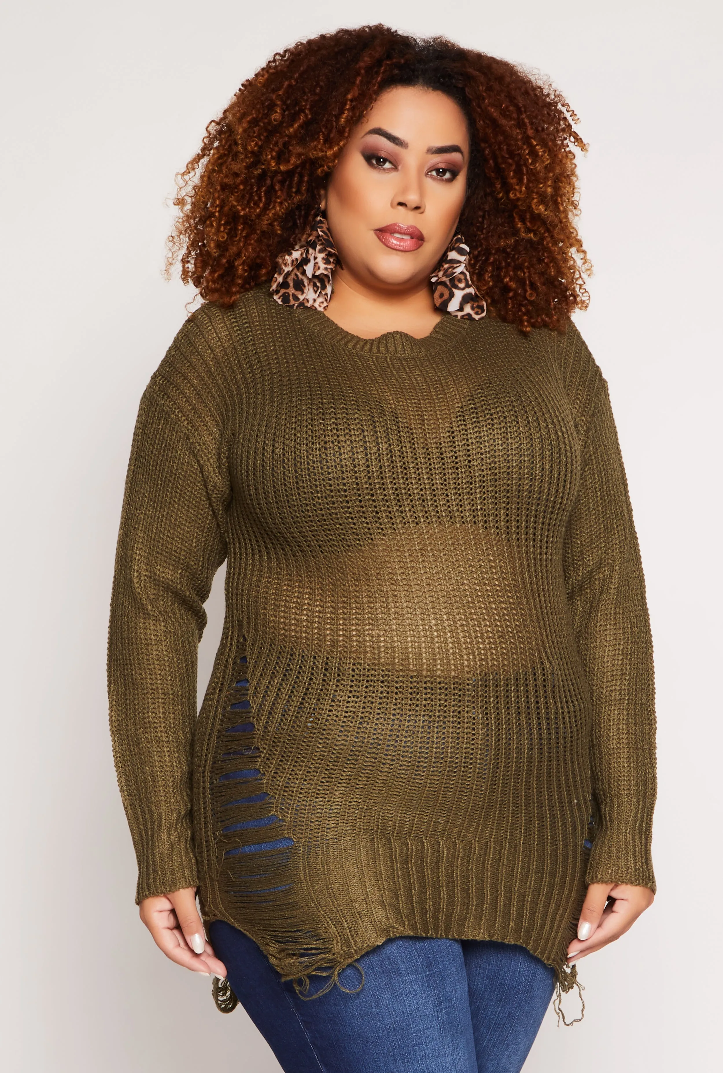 Plus Size Distressed Crew Neck Sweater sold by Rainbow