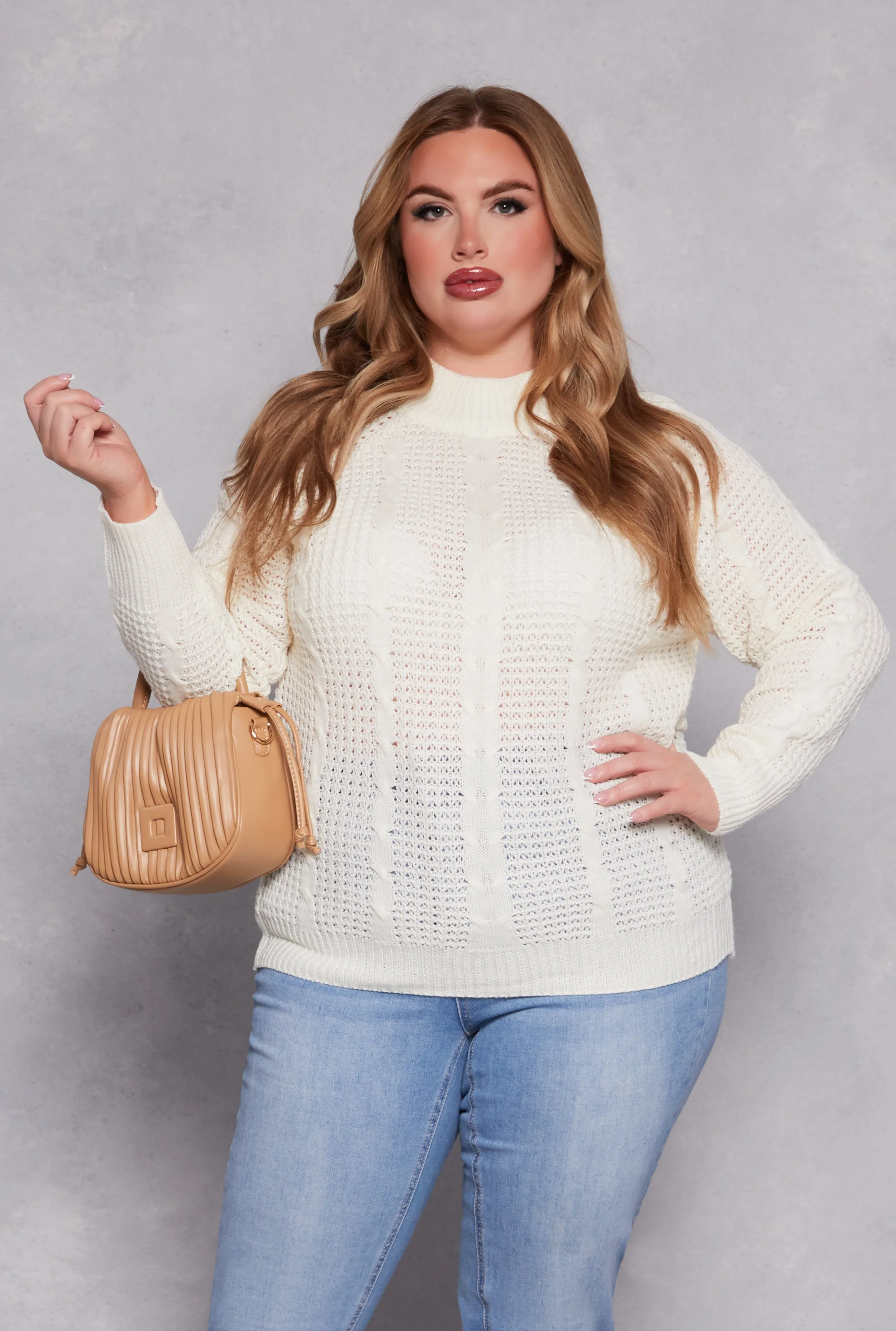 Plus Size Cable Knit Mock Neck Sweater sold by Rainbow