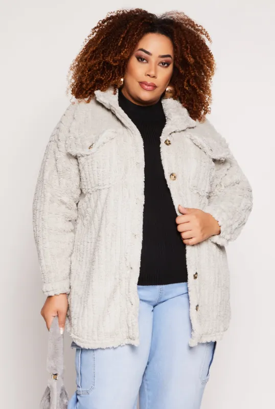 Plus Size Sherpa Button Front Shacket sold by Rainbow