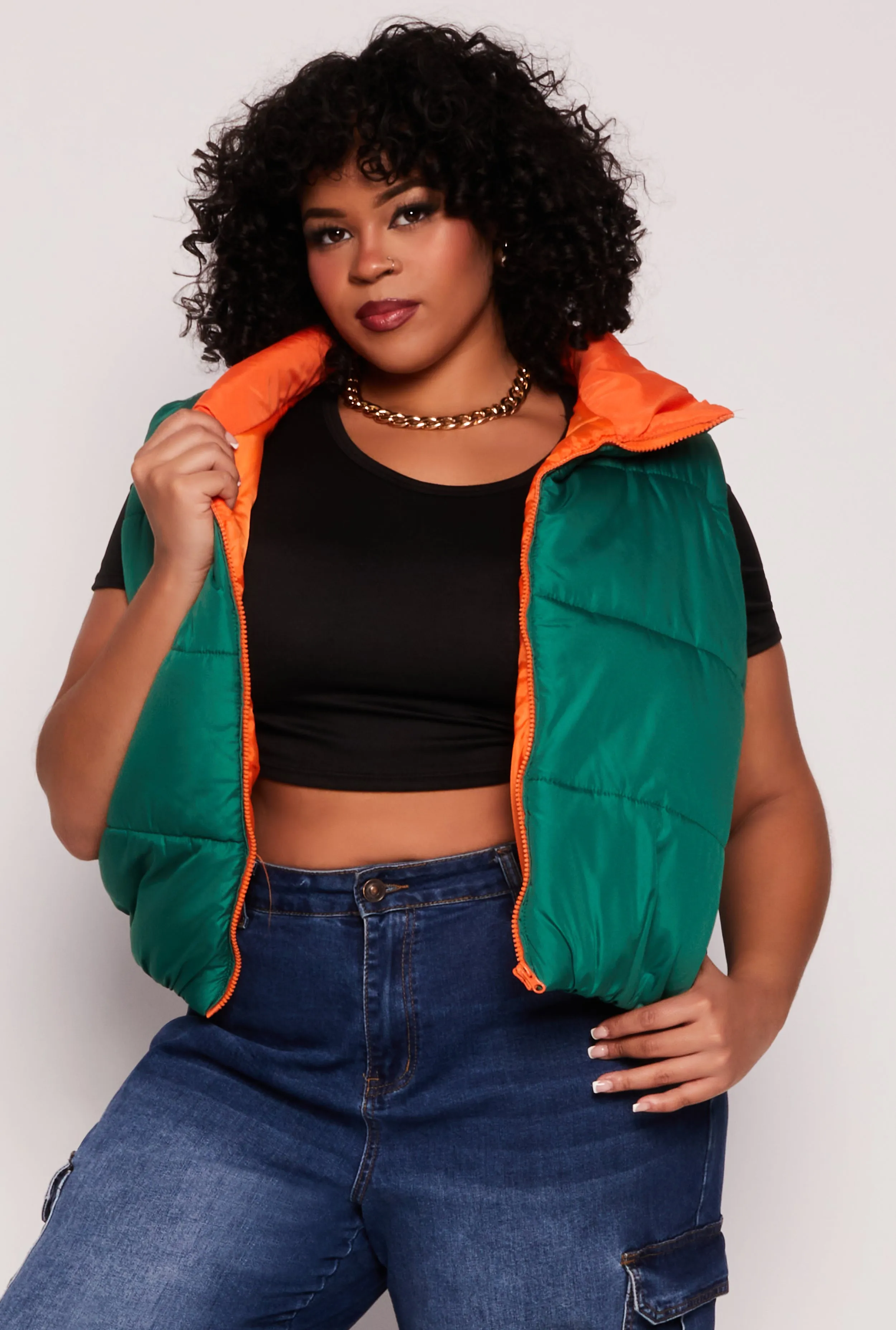 Plus Size Color Blocked Puffer Vest sold by Rainbow
