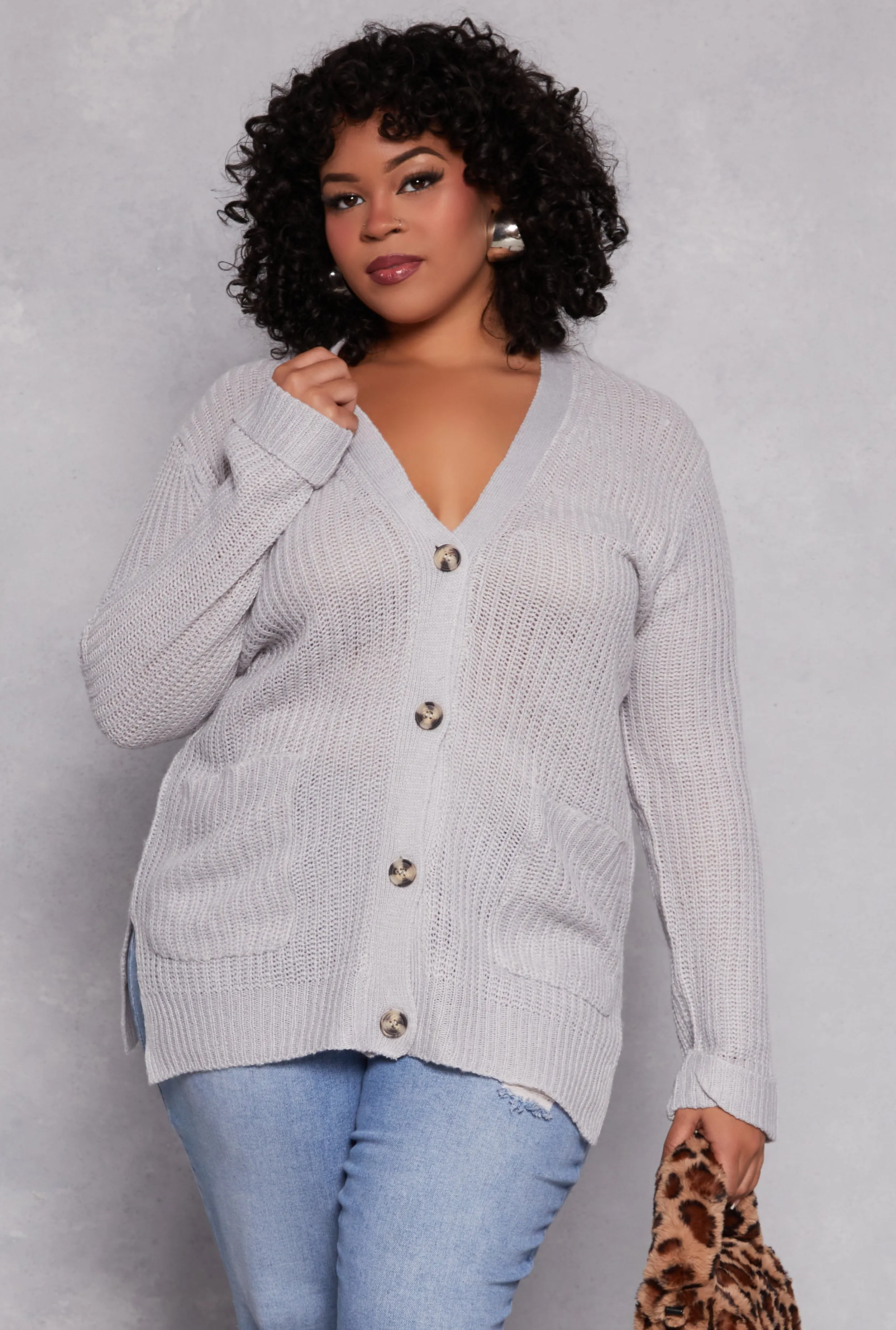 Plus Size Button Front Knit Cardigan sold by Rainbow