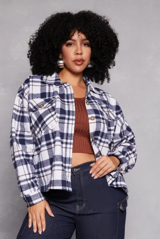 Plus Size Flannel Plaid Button Front Shacket sold by Rainbow