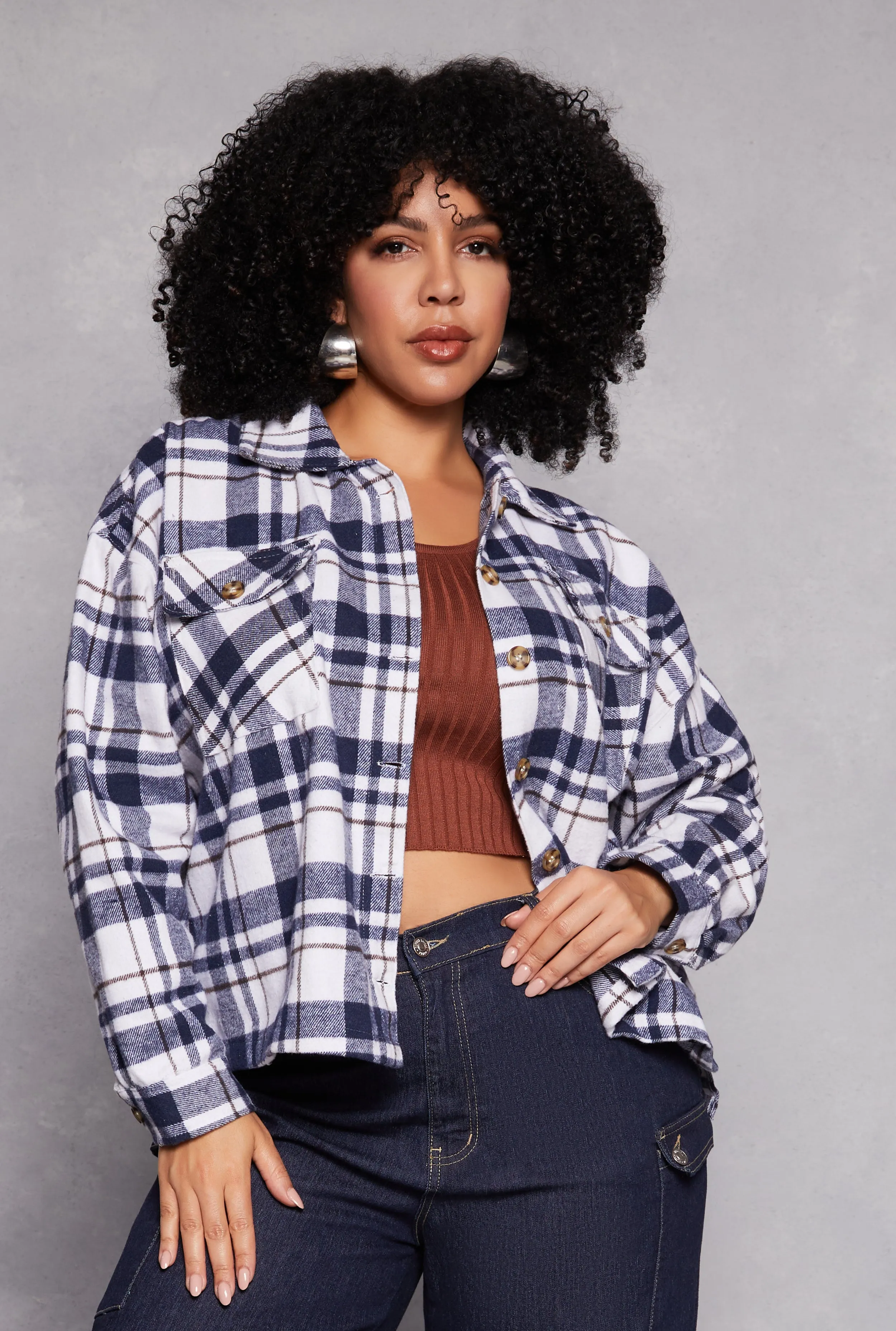 Plus Size Flannel Plaid Button Front Shacket sold by Rainbow