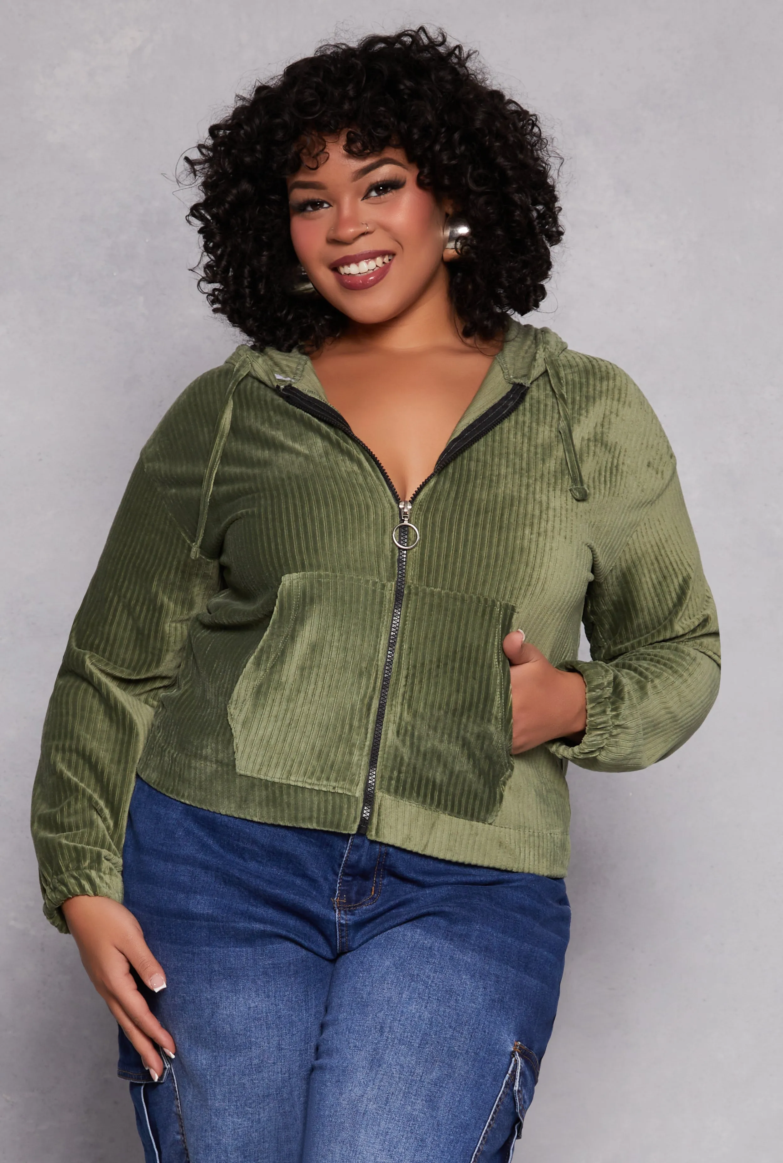 Plus Size Velour Zip Front Hoodie sold by Rainbow