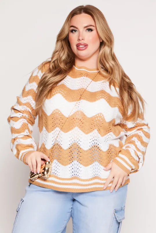 Plus Size Chevron Pointelle Knit Sweater sold by Rainbow