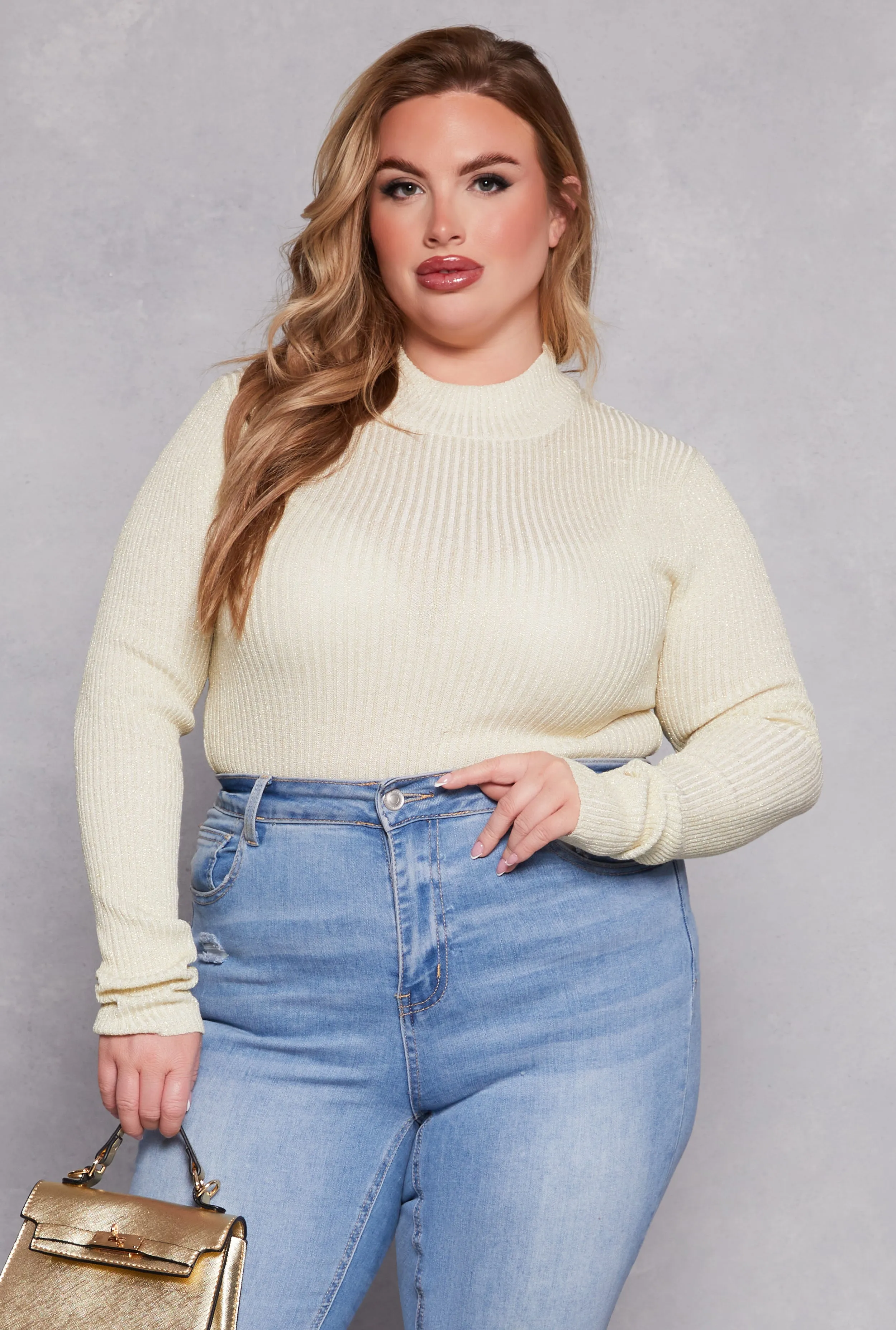 Plus Size Lurex Ribbed Mock Neck Sweater sold by Rainbow