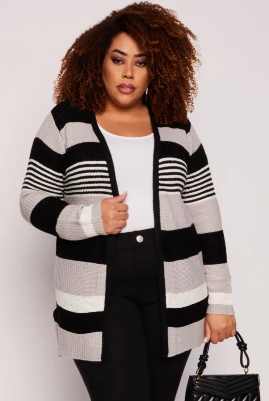 Plus Size Striped Open Front Cardigan sold by Rainbow