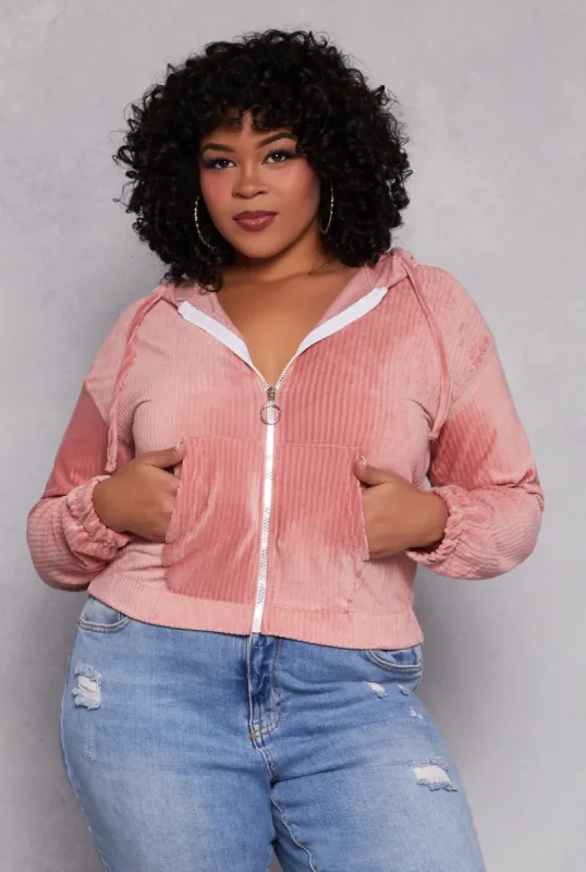 Plus Size Velour Zip Front Hoodie sold by Rainbow