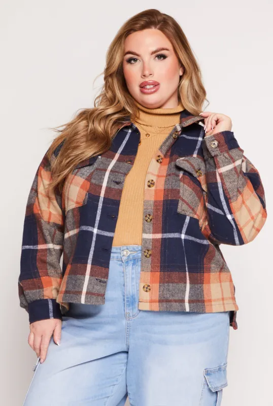 Plus Size Flannel Plaid Button Front Shacket sold by Rainbow