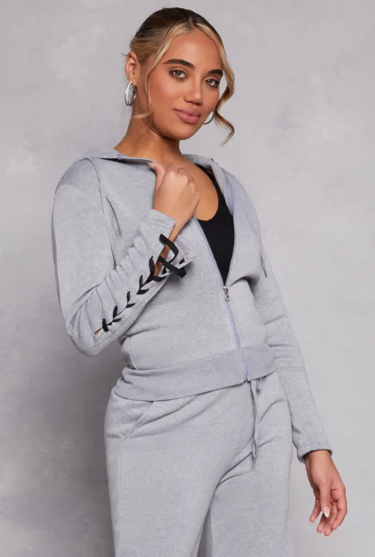 Lace Up Sleeve Zip Front Hoodie sold by Rainbow