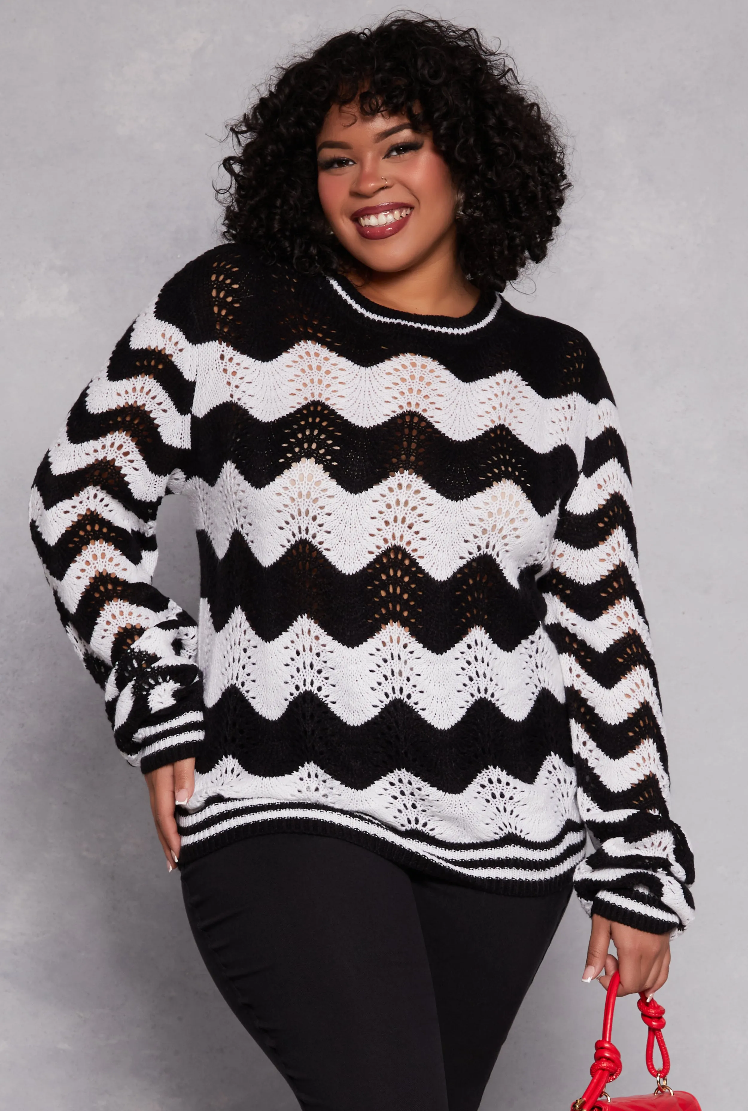 Plus Size Chevron Pointelle Knit Sweater sold by Rainbow