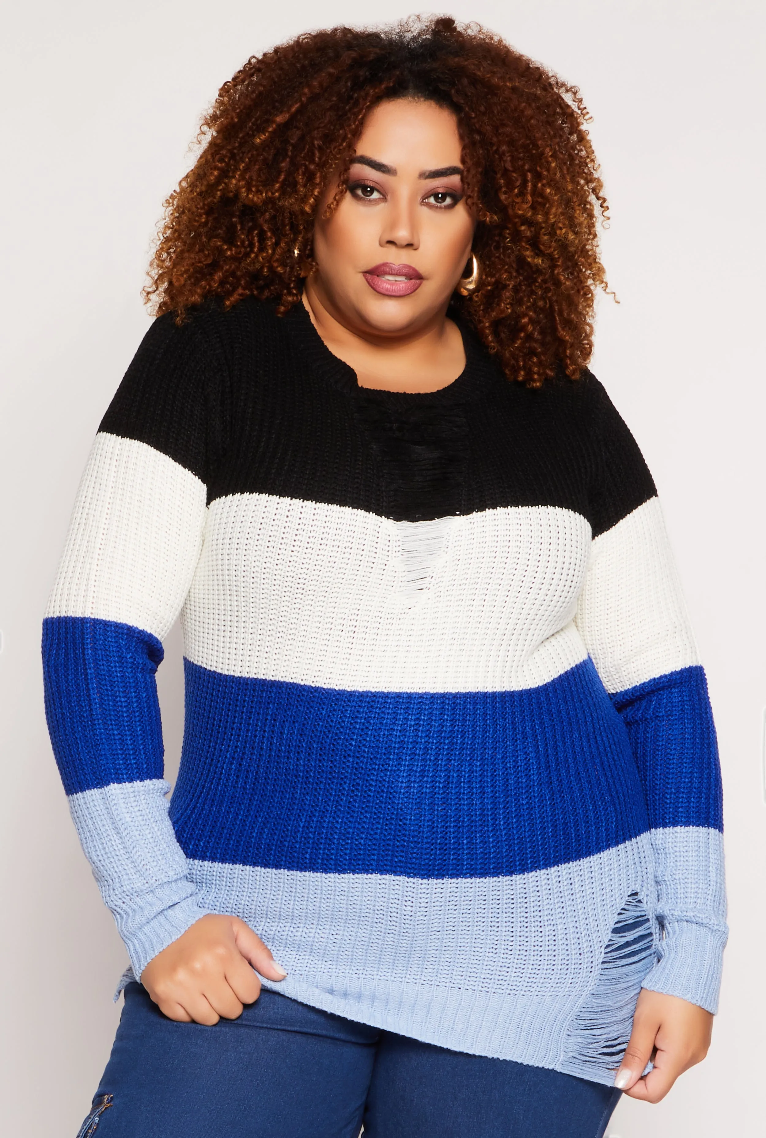 Plus Size Striped Distressed Sweater sold by Rainbow