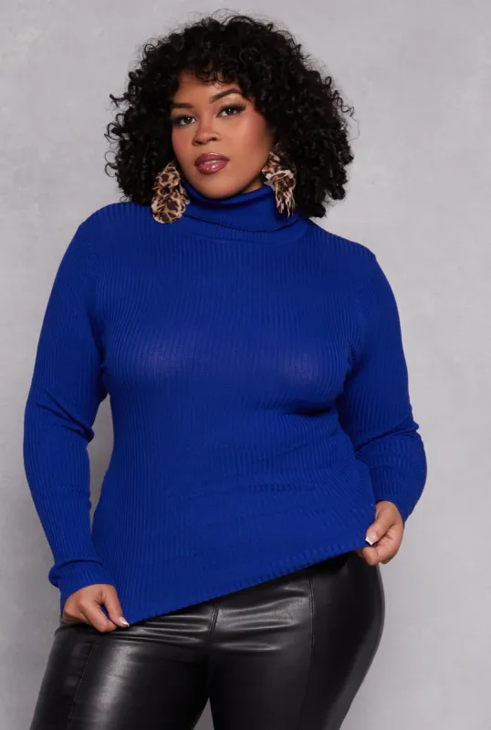 Plus Size Solid Ribbed Knit Turtleneck Sweater sold by Rainbow