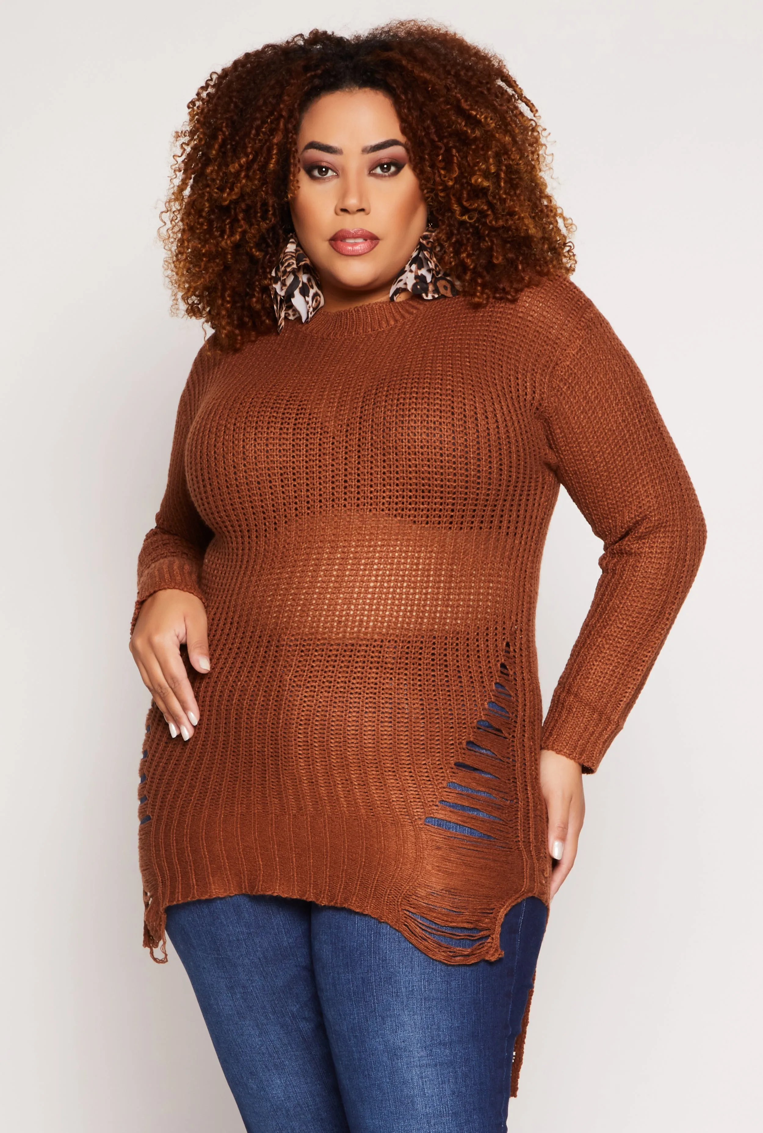 Plus Size Distressed Crew Neck Sweater sold by Rainbow