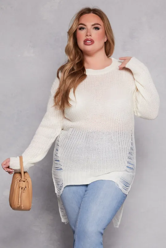 Plus Size Distressed Crew Neck Sweater sold by Rainbow