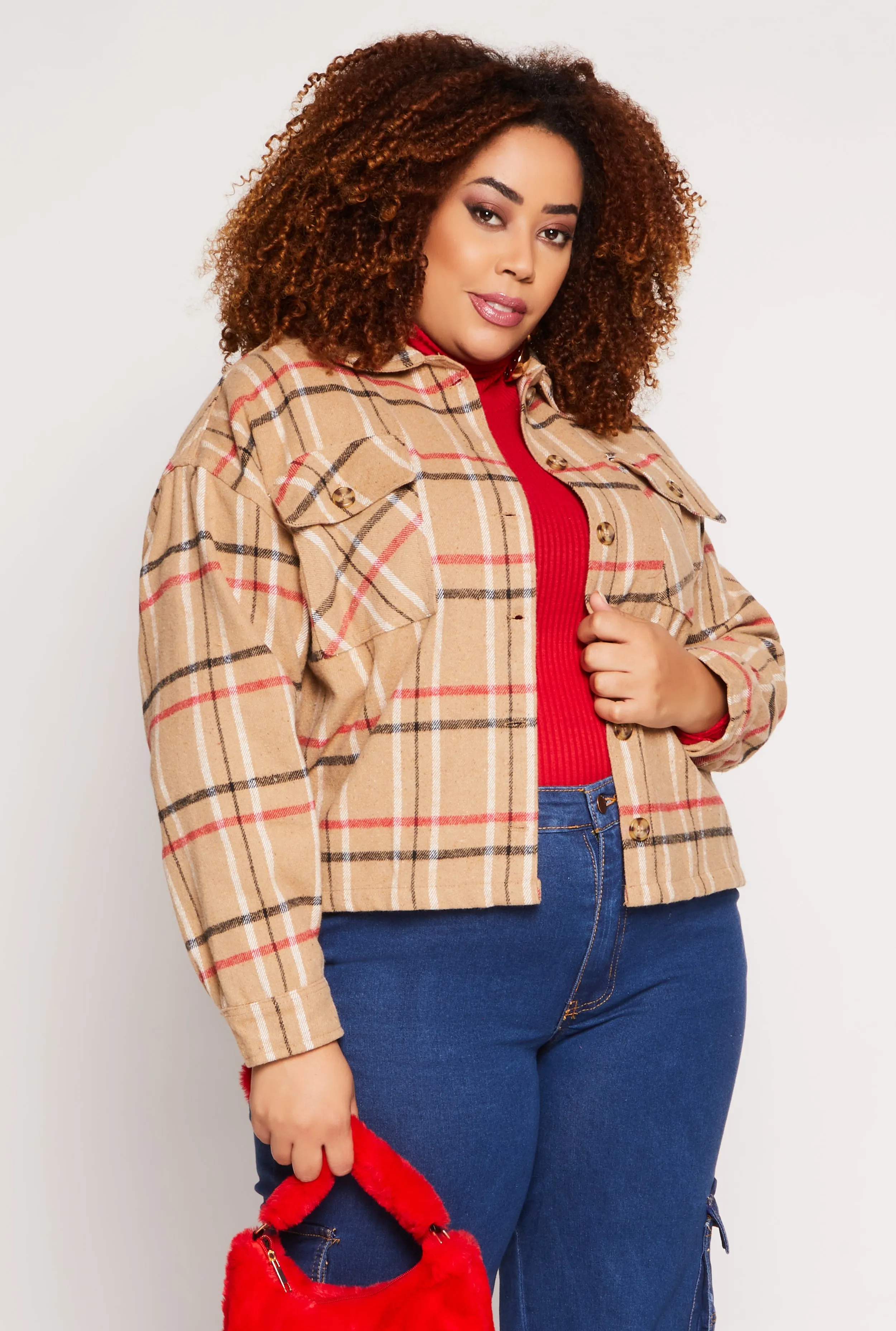 Plus Size Flannel Plaid Button Front Shacket sold by Rainbow