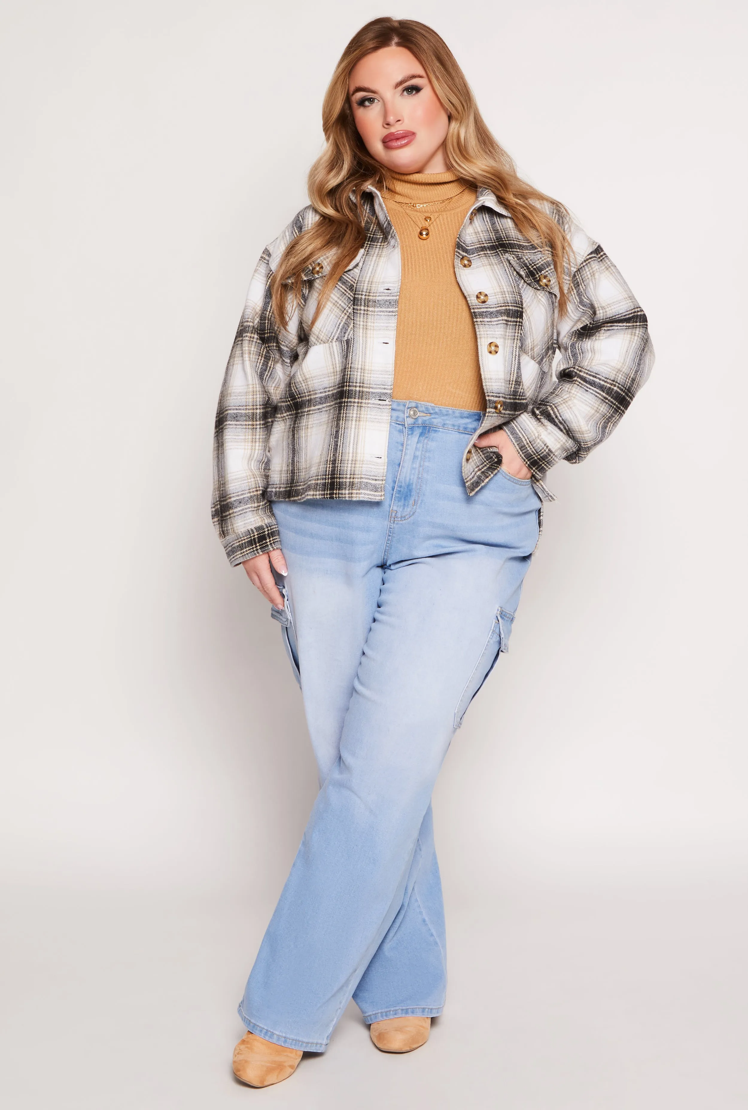 Plus Size Flannel Plaid Button Front Shacket sold by Rainbow product image thumbnail 2