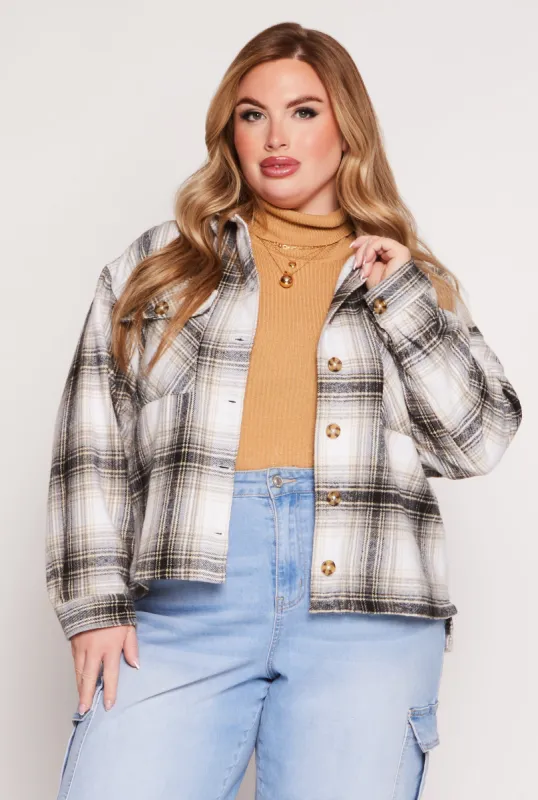 Plus Size Flannel Plaid Button Front Shacket sold by Rainbow