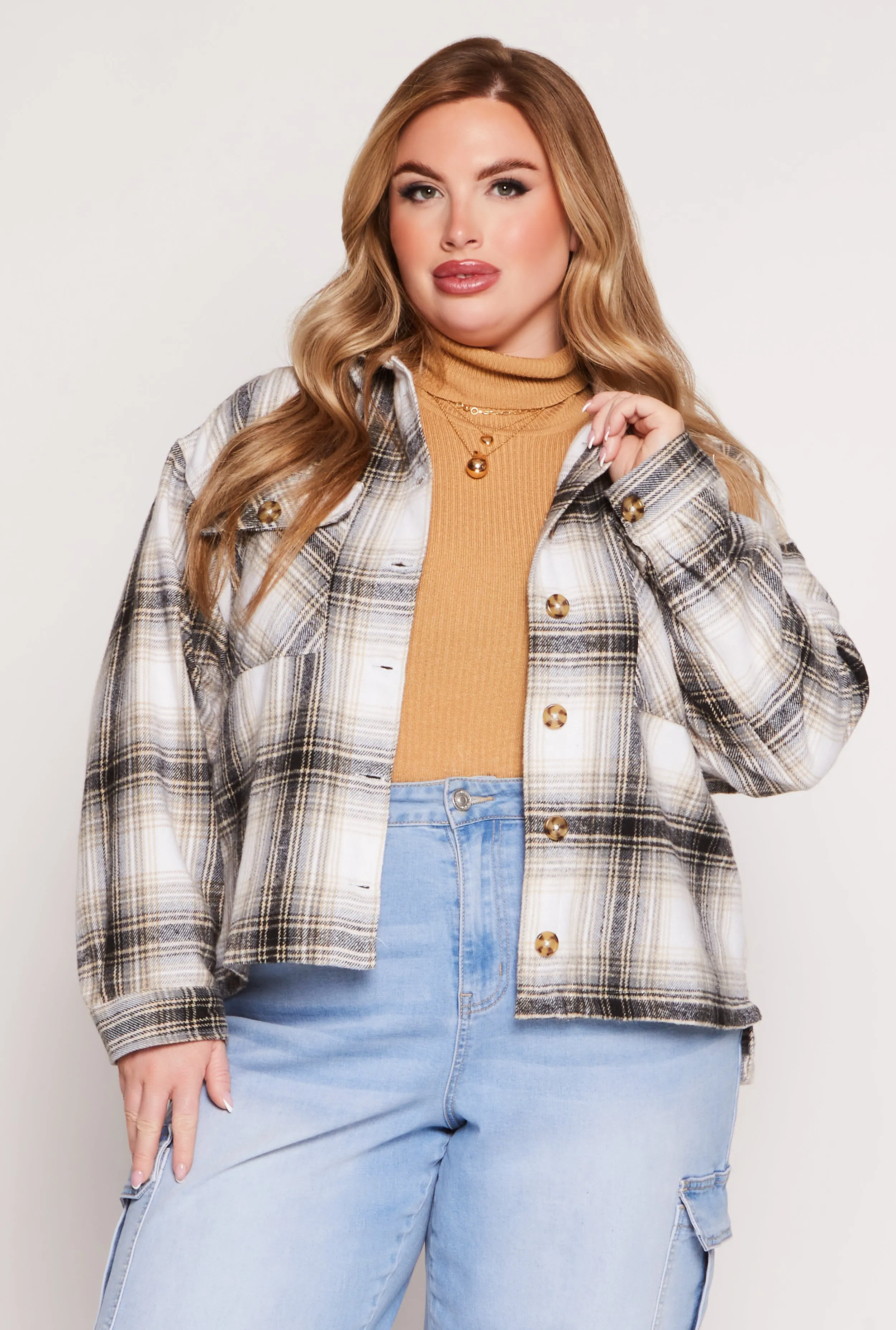 Plus Size Flannel Plaid Button Front Shacket sold by Rainbow