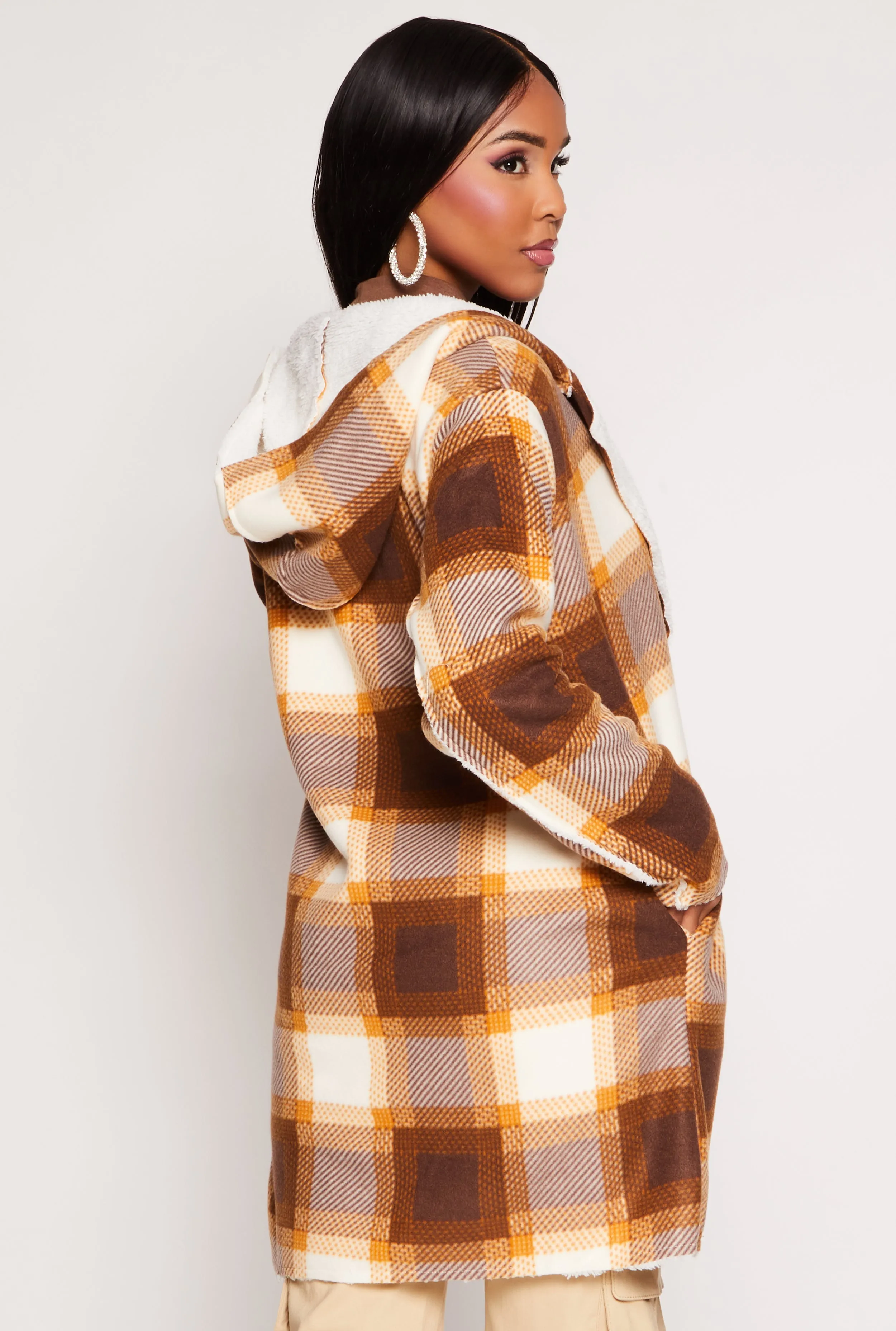 Plaid Sherpa Lined Open Front Hooded Coat sold by Rainbow product image thumbnail 3