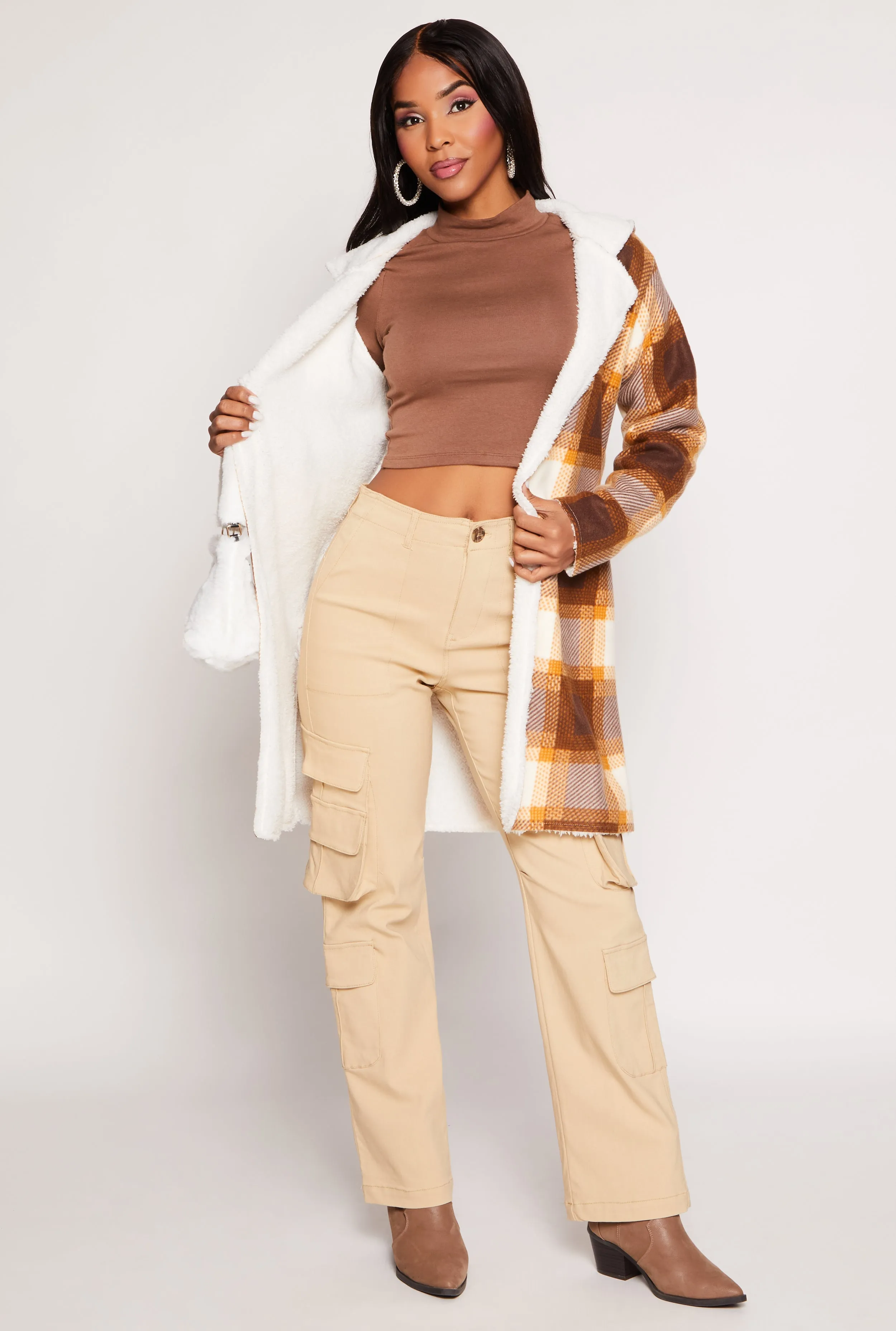 Plaid Sherpa Lined Open Front Hooded Coat sold by Rainbow product image thumbnail 2