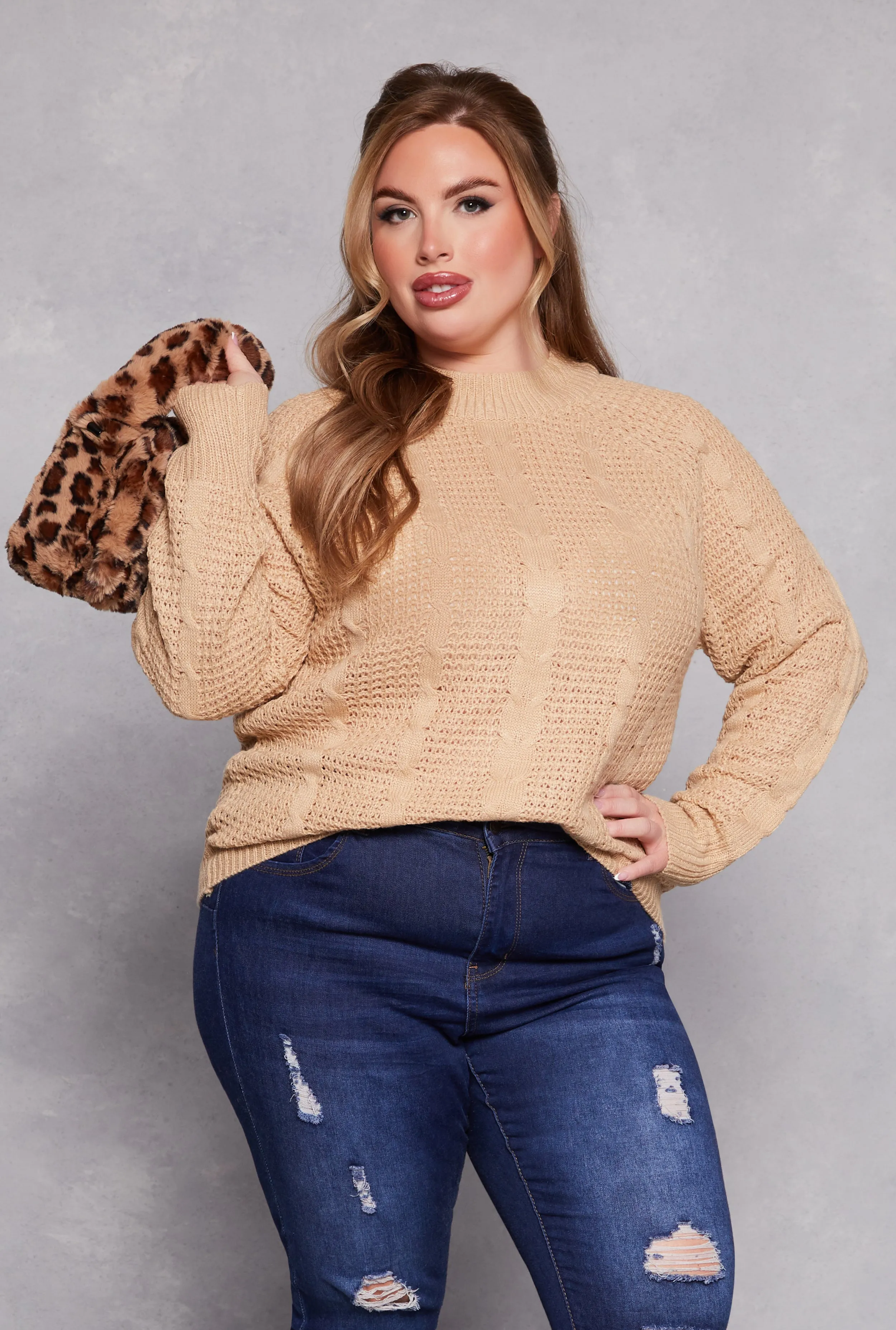 Plus Size Cable Knit Mock Neck Sweater sold by Rainbow