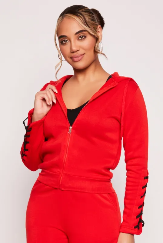 Lace Up Sleeve Zip Front Hoodie sold by Rainbow