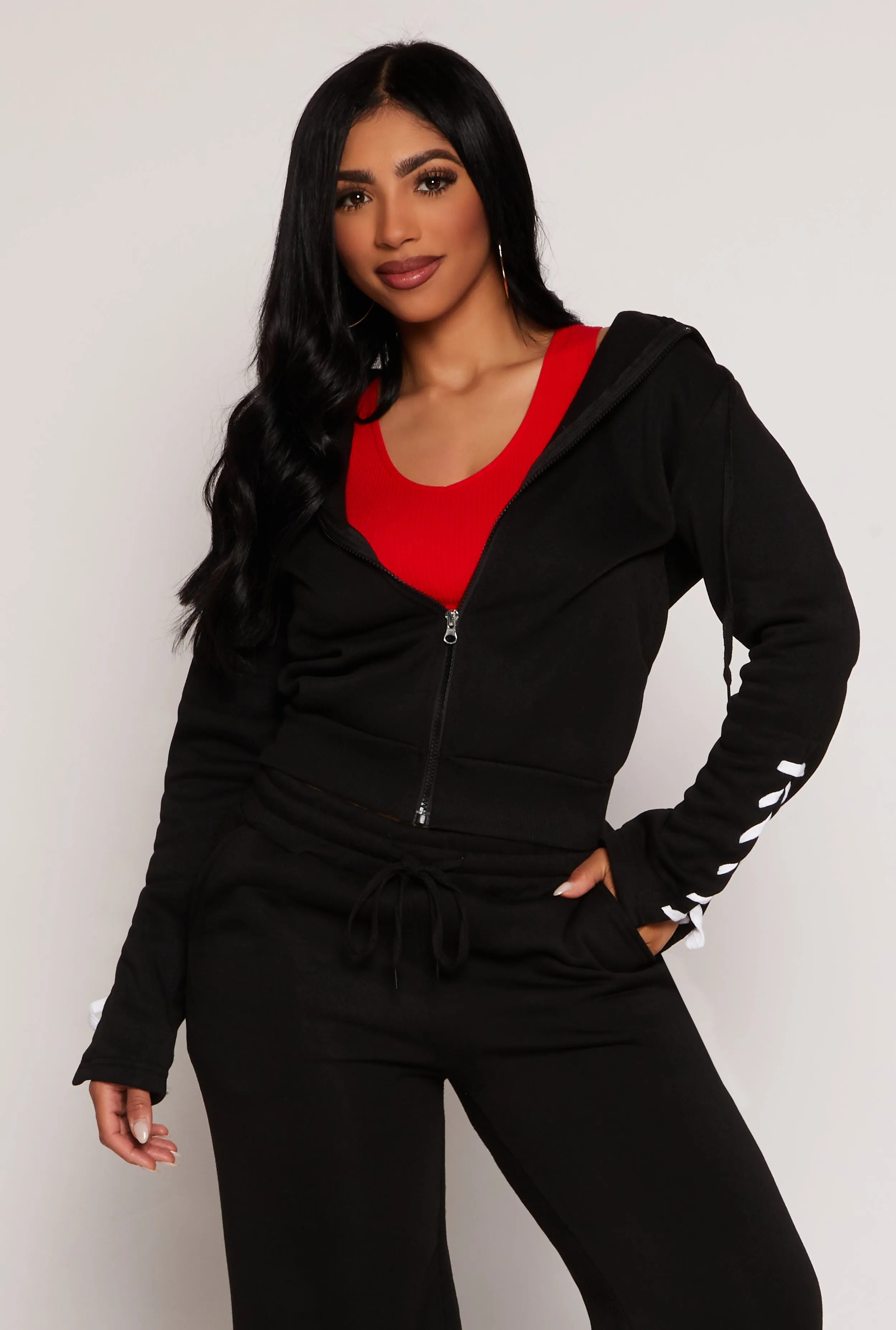Lace Up Sleeve Zip Front Hoodie sold by Rainbow