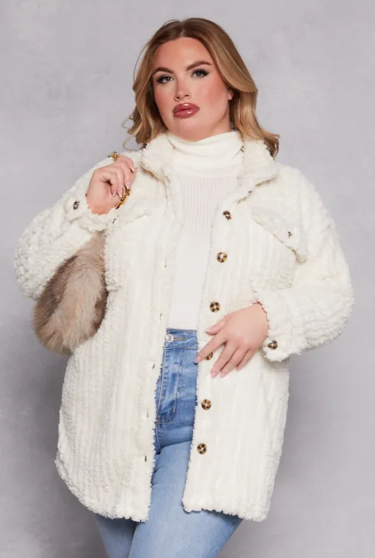 Plus Size Sherpa Button Front Shacket sold by Rainbow