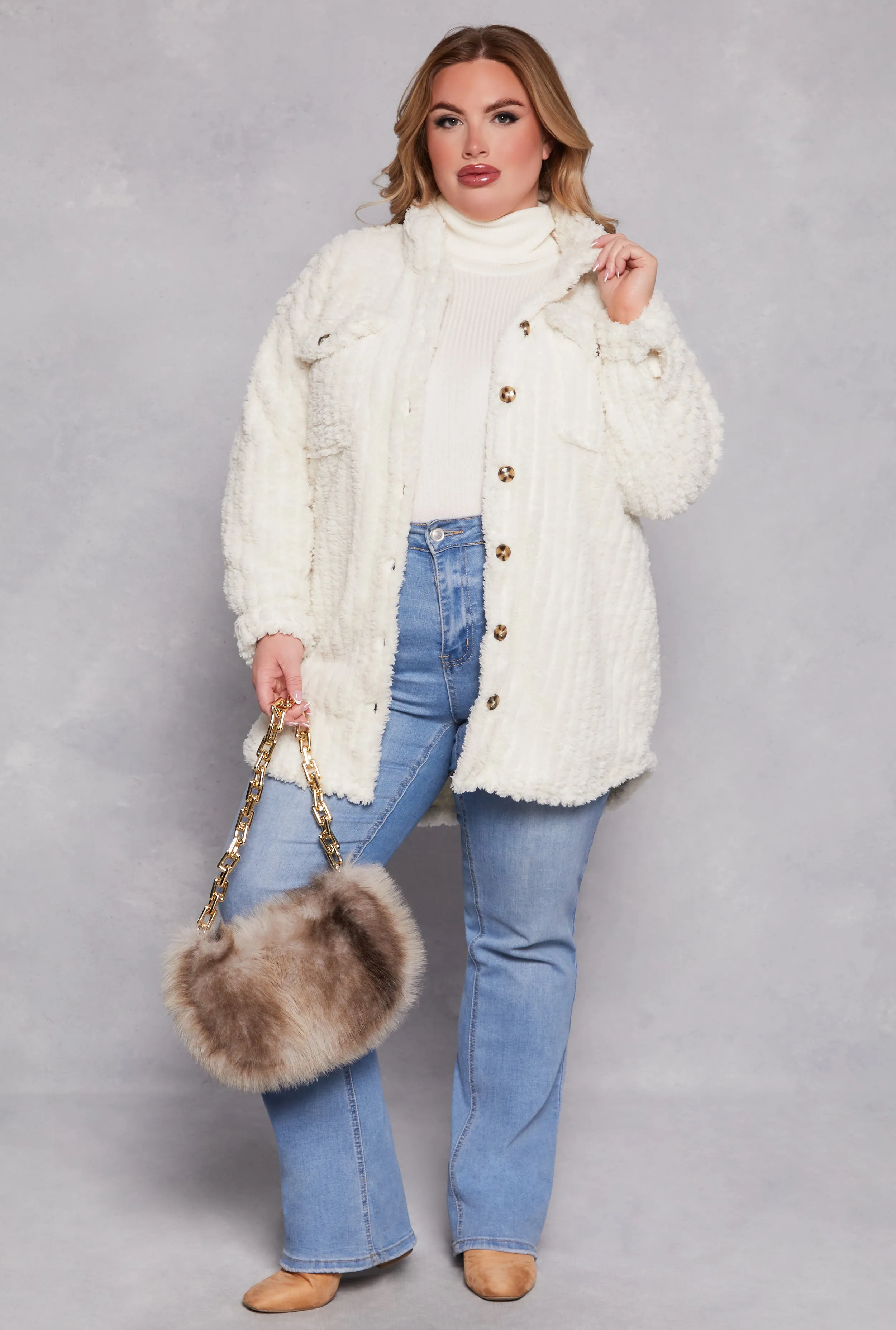 Plus Size Sherpa Button Front Shacket sold by Rainbow product image thumbnail 2