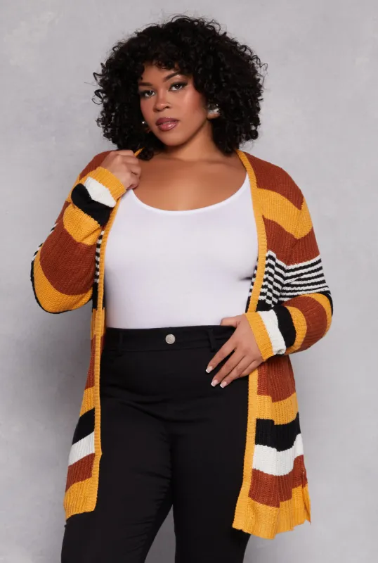 Plus Size Striped Open Front Cardigan sold by Rainbow