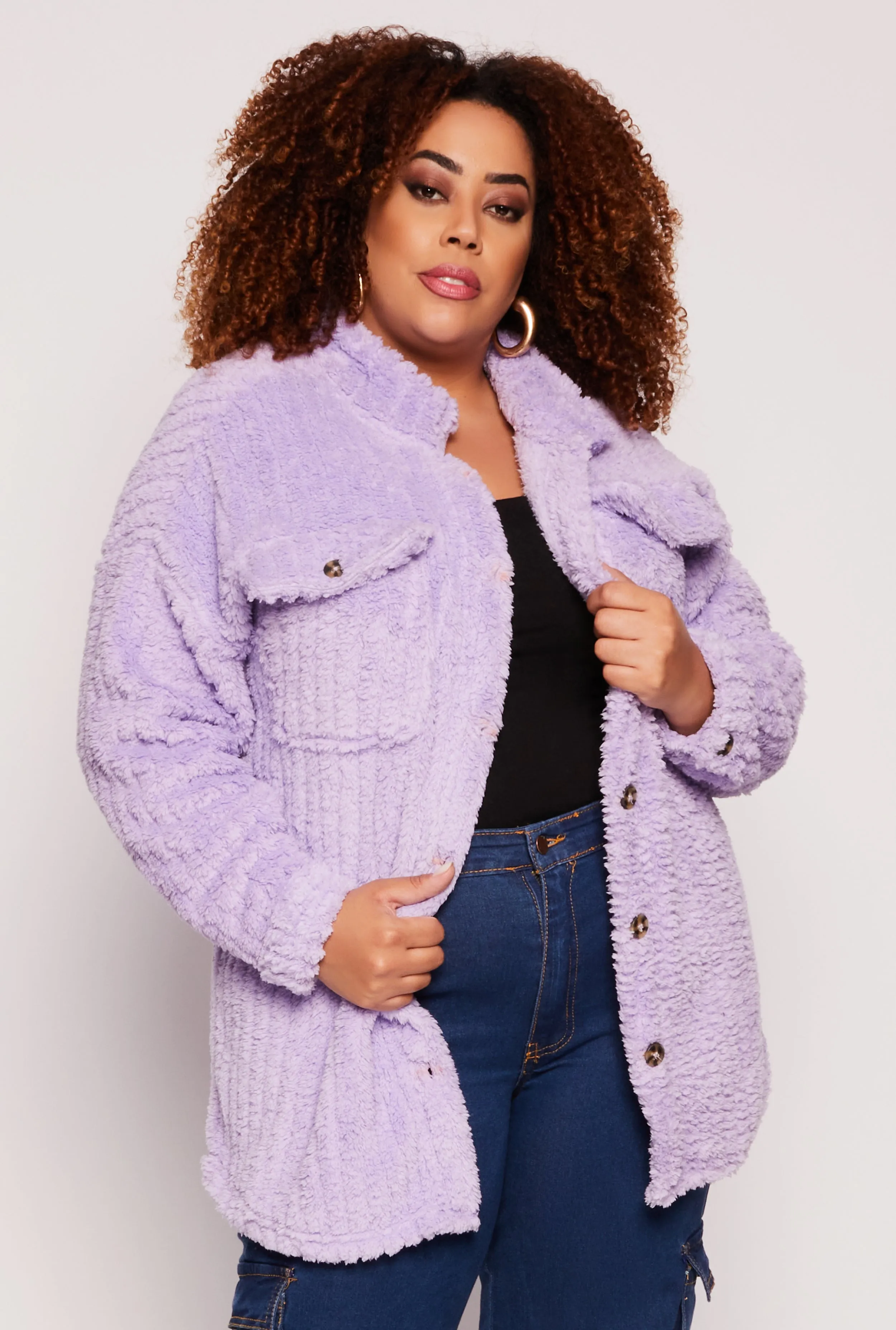Plus Size Sherpa Button Front Shacket sold by Rainbow