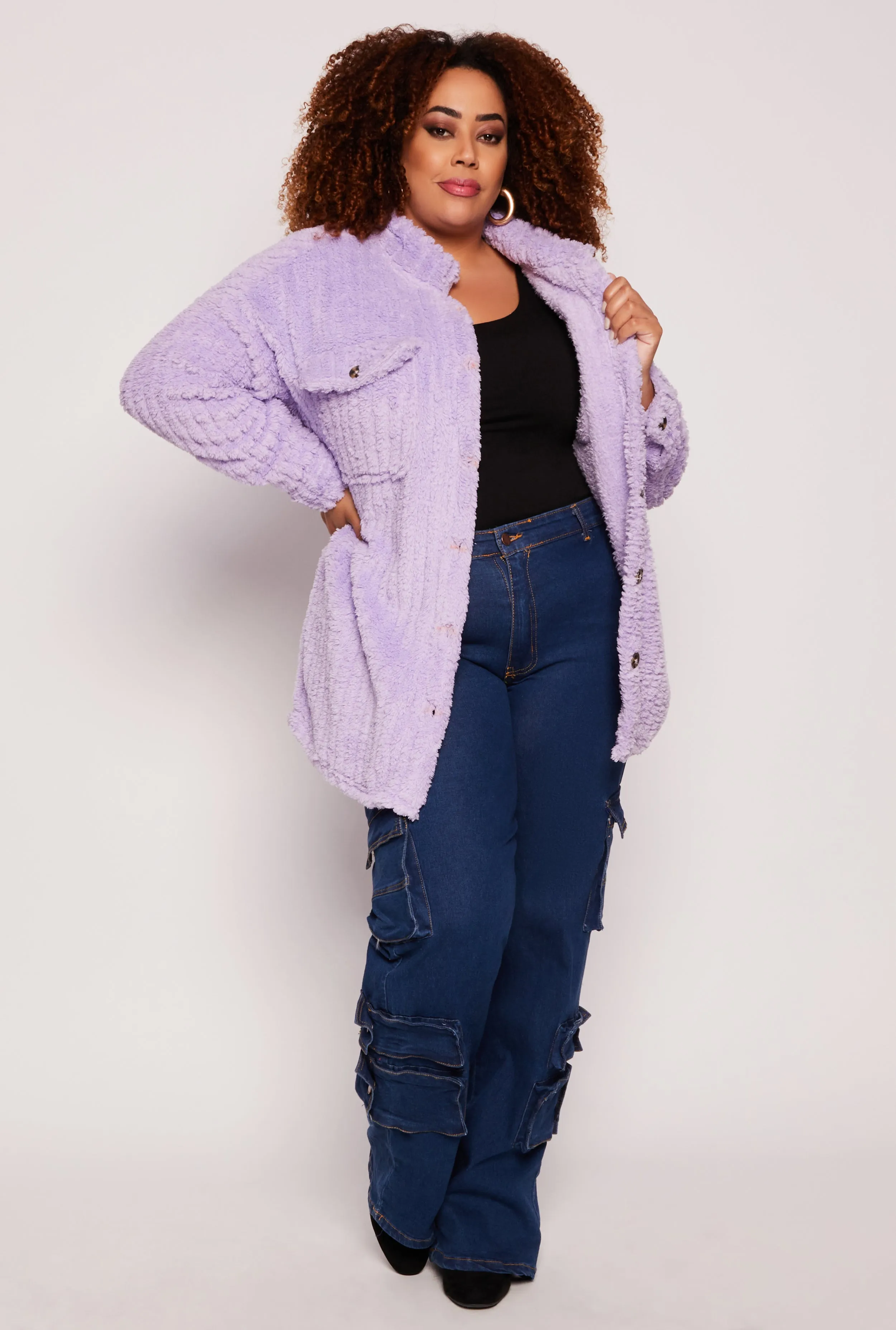 Plus Size Sherpa Button Front Shacket sold by Rainbow product image thumbnail 2