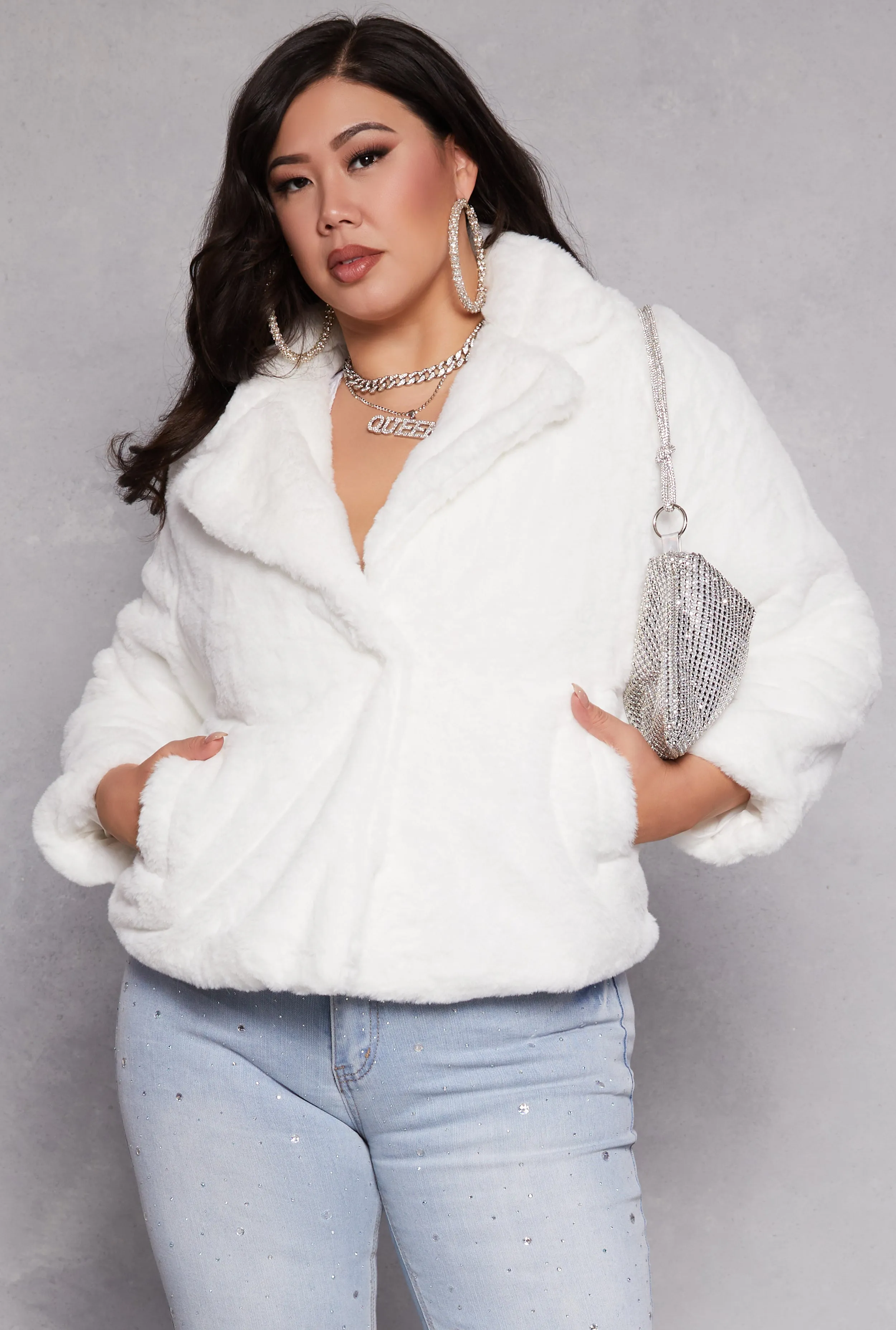 Plus Size Snap Button Faux Fur Jacket sold by Rainbow