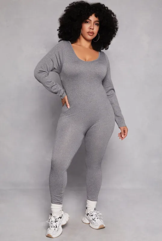 Plus Size Ribbed Knit Long Sleeve Catsuit sold by Rainbow