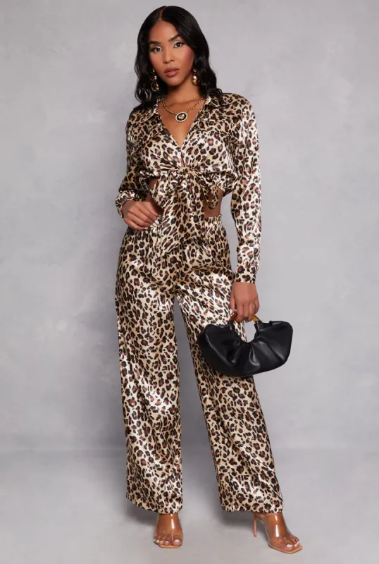 Satin Leopard Print Tie Front Top and Wide Leg Pants sold by Rainbow