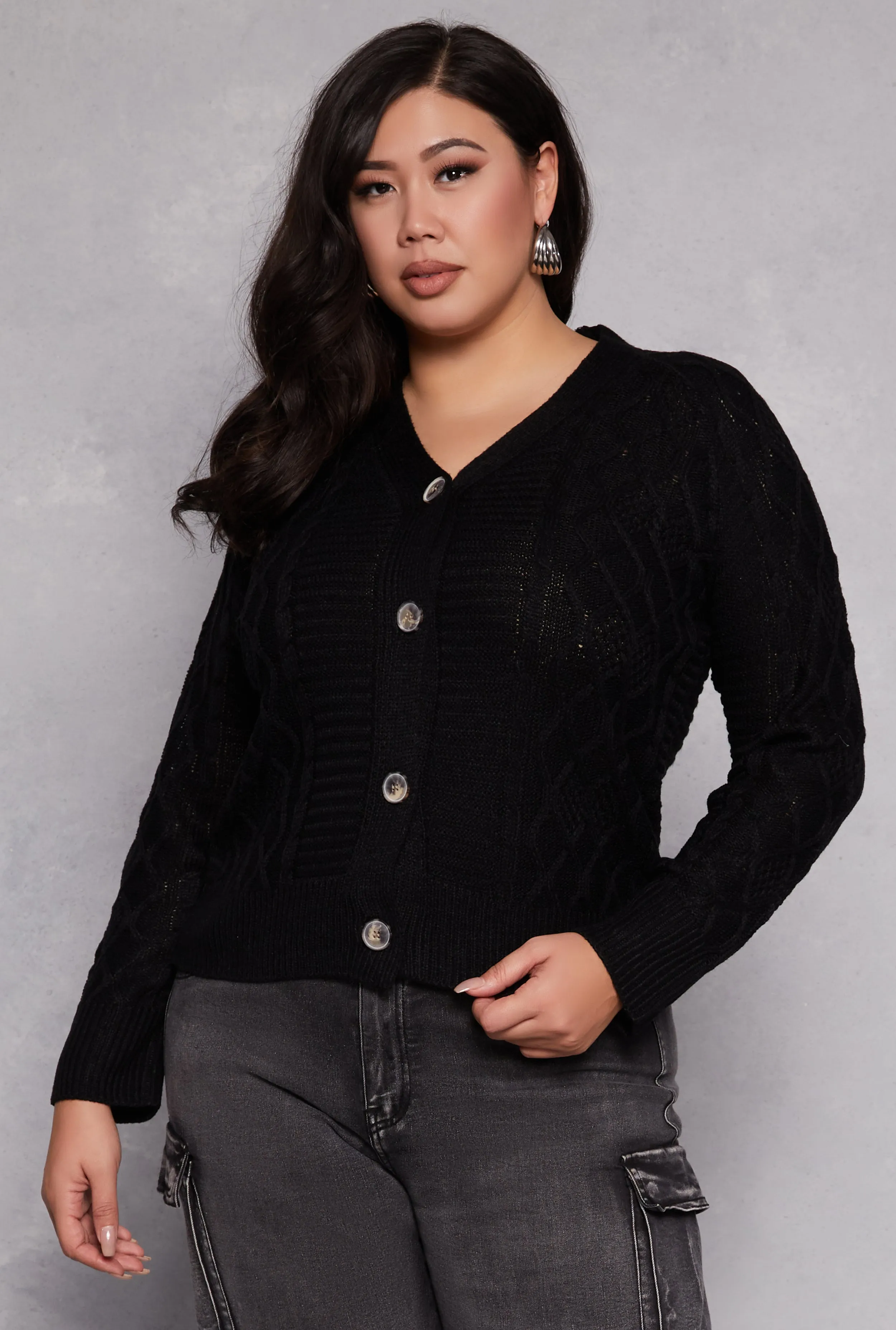 Plus Size Cable Knit Button Front Cardigan sold by Rainbow