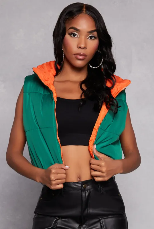 Nylon Contrast Puffer Cropped Vest sold by Rainbow