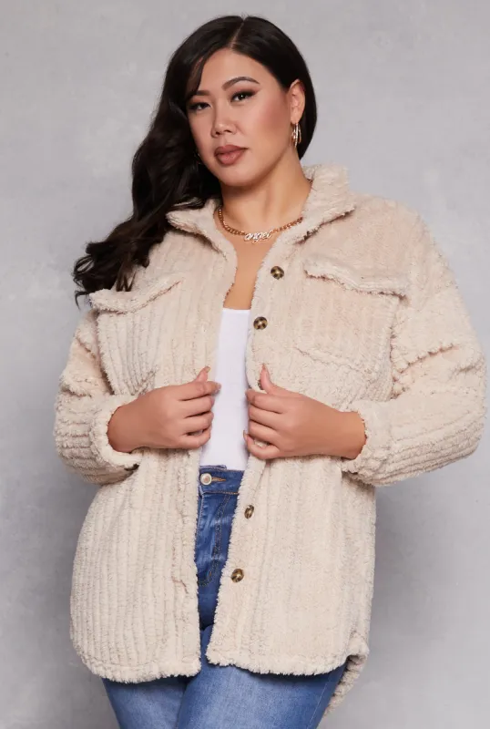 Plus Size Sherpa Button Front Shacket sold by Rainbow