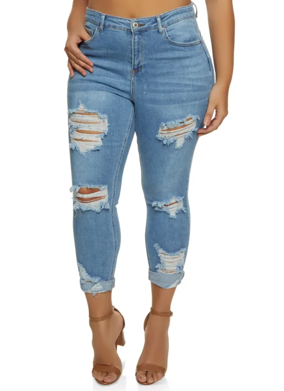Plus Size WAX Distressed Rolled Cuff Jeans sold by Rainbow