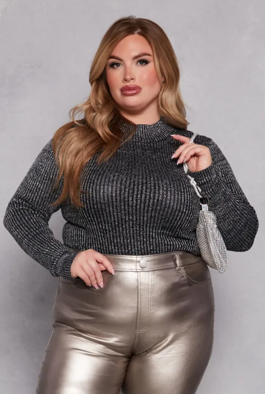 Plus Size Lurex Ribbed Mock Neck Sweater sold by Rainbow