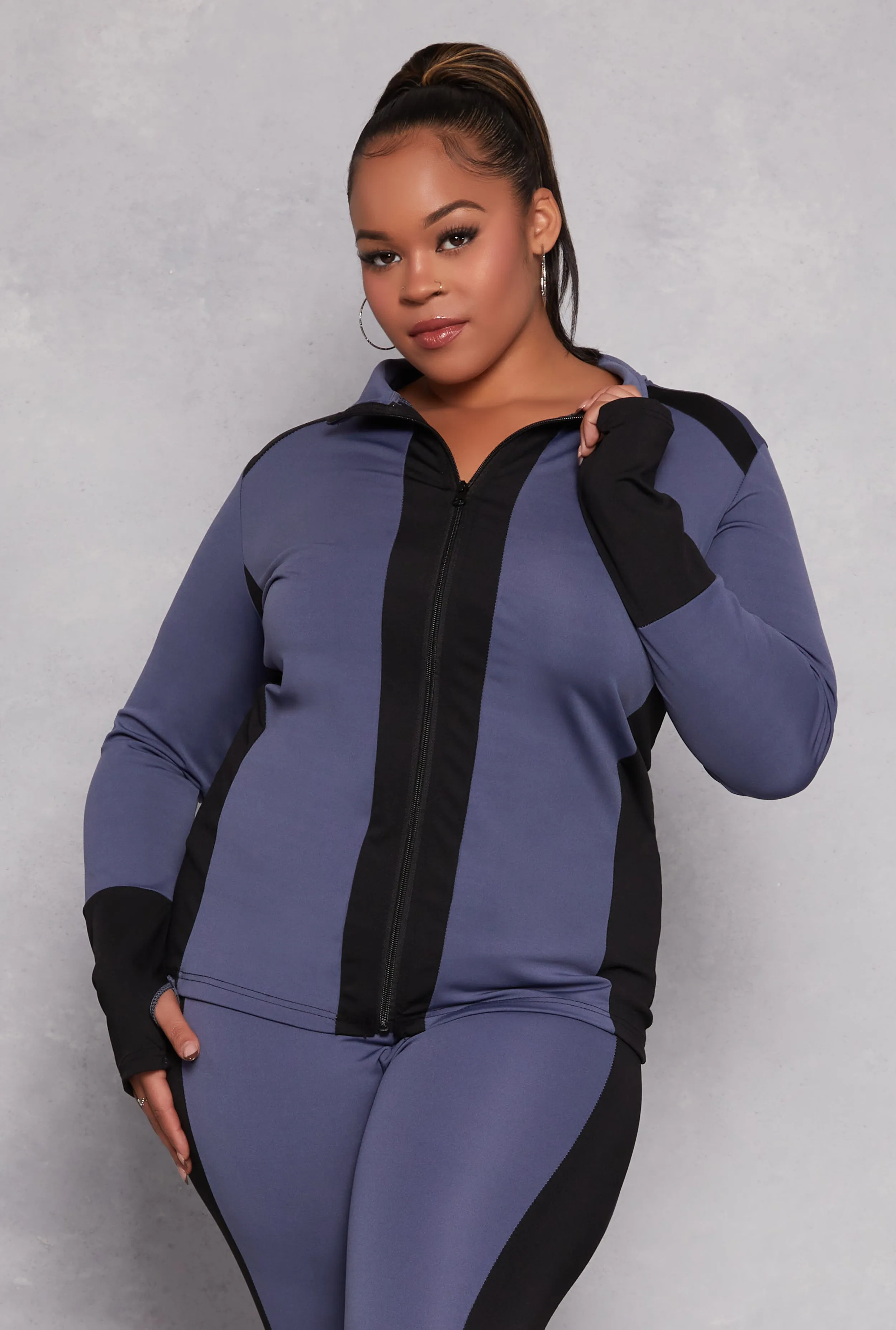 Plus Size Color Blocked Mock Neck Track Jacket sold by Rainbow