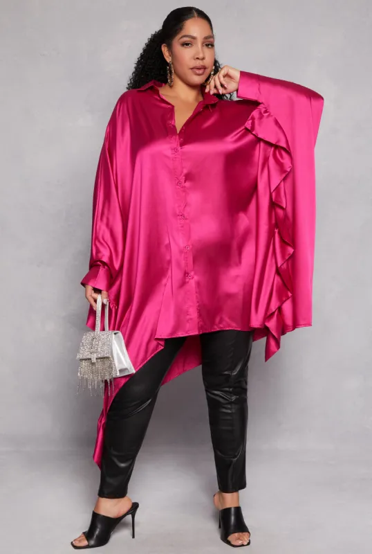 Plus Size Satin Oversized Ruffled Batwing Shirt Dress sold by Rainbow