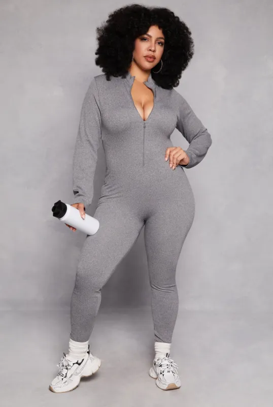 Plus Size Half Zip Long Sleeve Catsuit sold by Rainbow