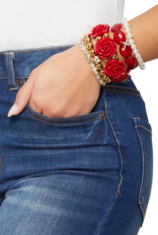 Rose Rhinestone Charm Stretch Bracelet Set of 5 sold by Rainbow