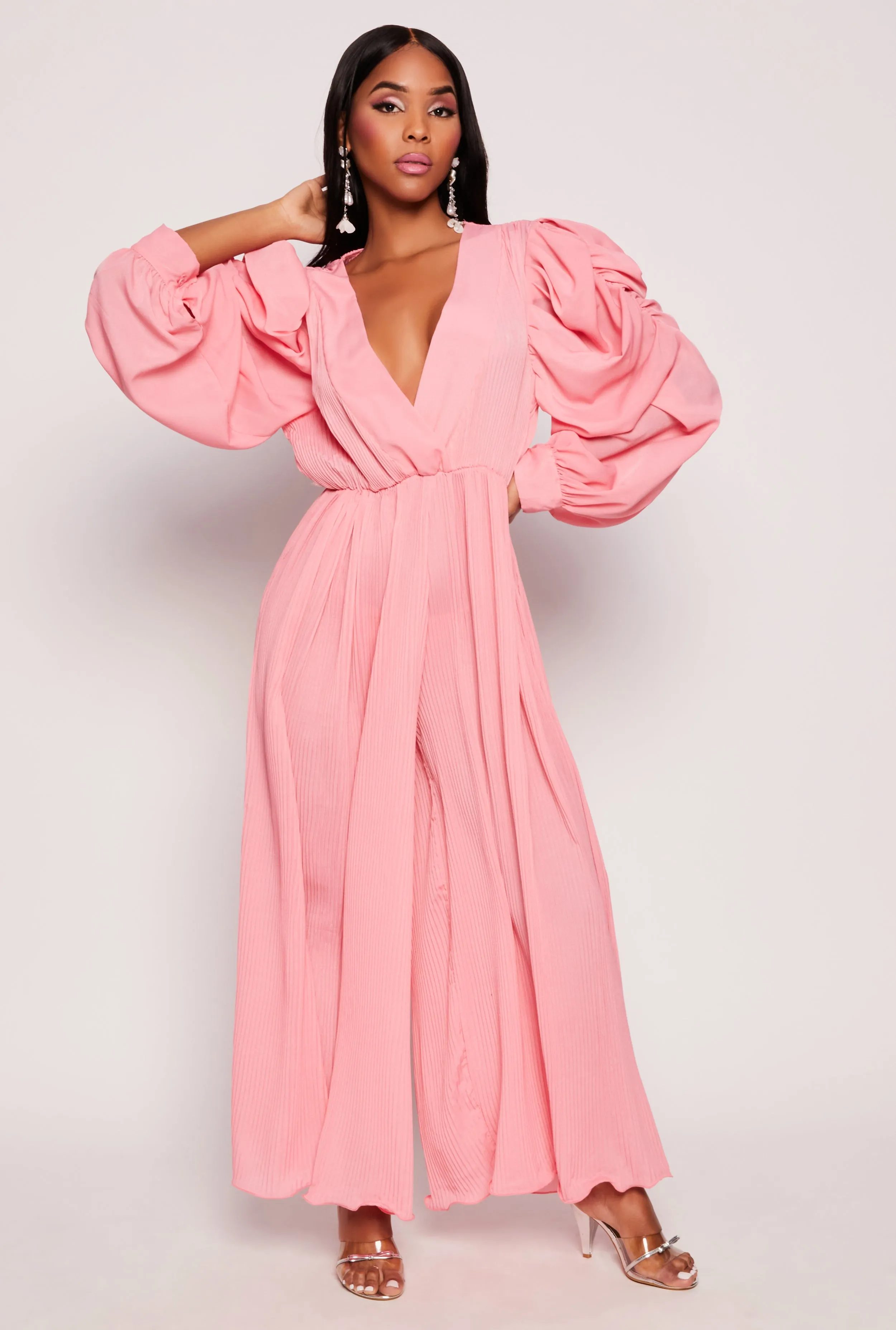 Plisse Puff Sleeve Wide Leg Jumpsuit sold by Rainbow