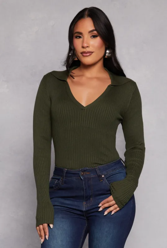 Ribbed Knit Johnny Collar Sweater sold by Rainbow