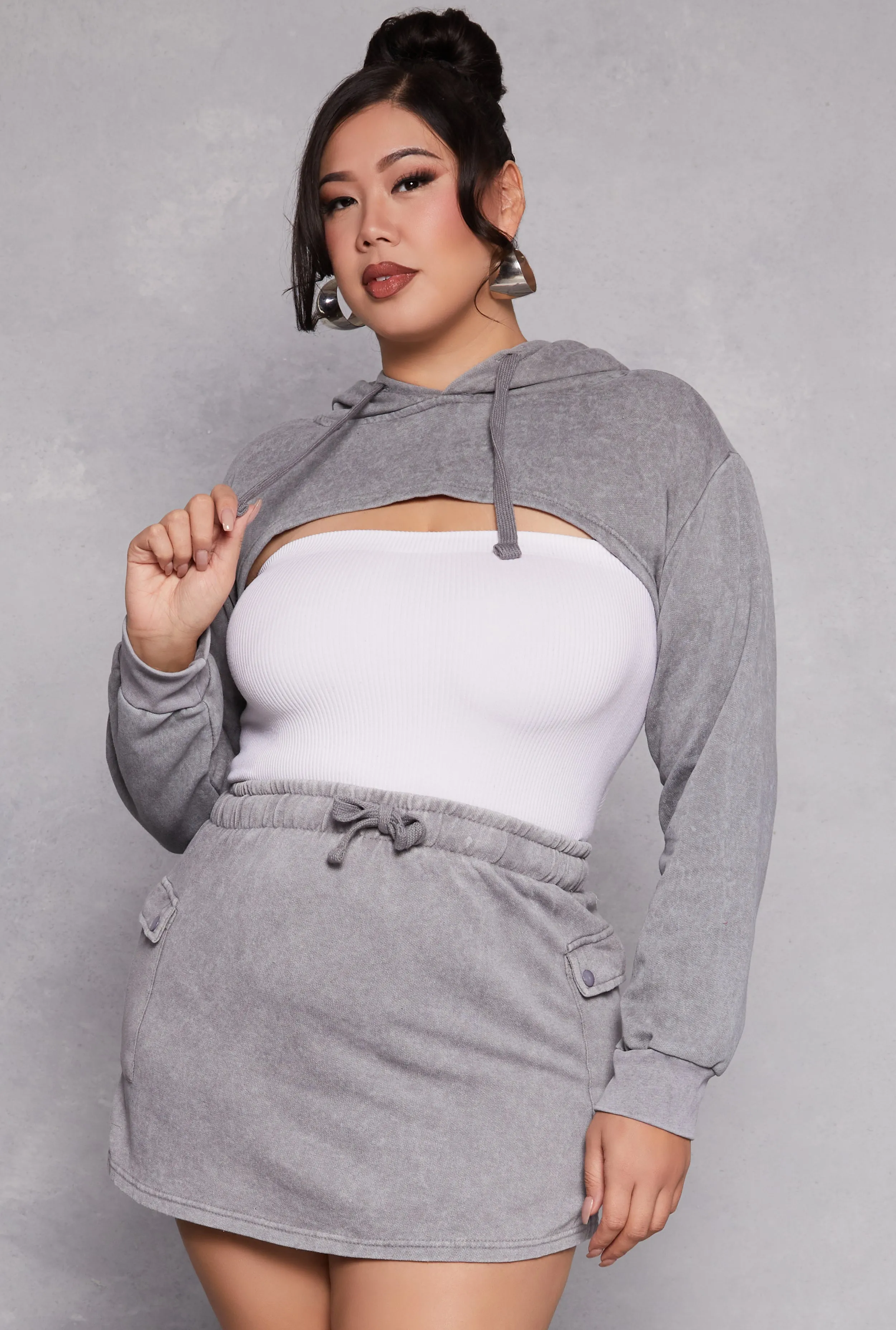 Plus Size Acid Wash Hooded Shrug sold by Rainbow