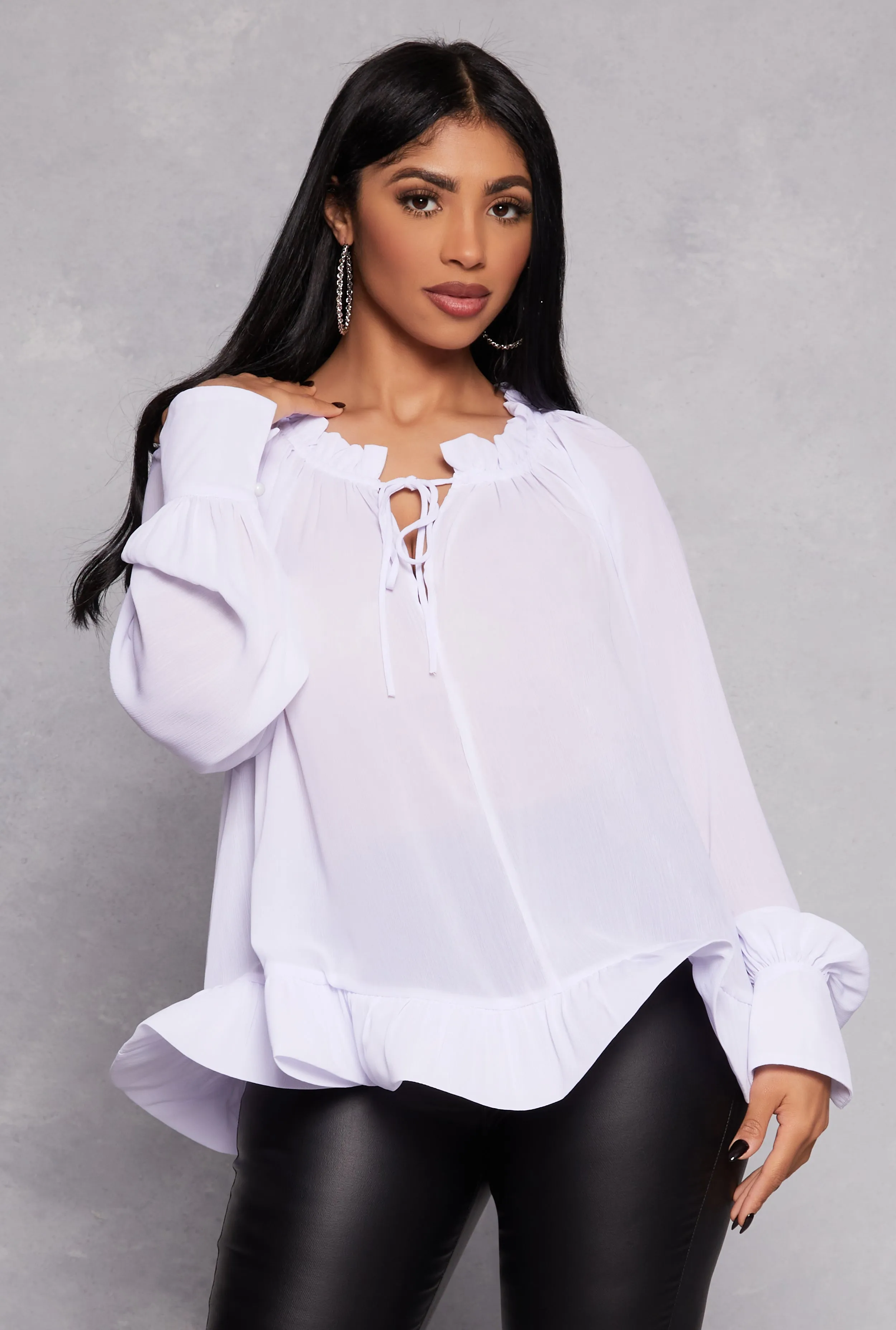 Chiffon Tie Keyhole Long Sleeve Blouse sold by Rainbow